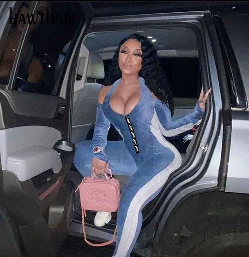 

HAWTHAW women autumn winter off shoulder long sleeve letter print v neck striped fitness workout sportswear jumpsuit clothes