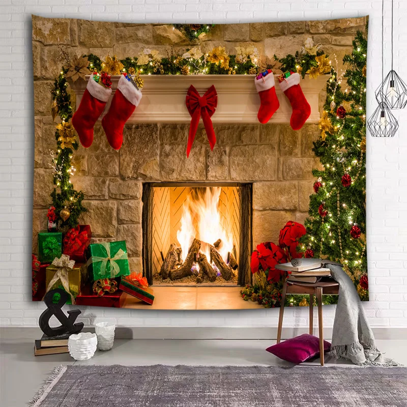 

Christmas Tree Fireplace Print Tapestry Room Decor Background Cloth Decor Polyester Christmas Home Room Wall Decor Tapiz Pared