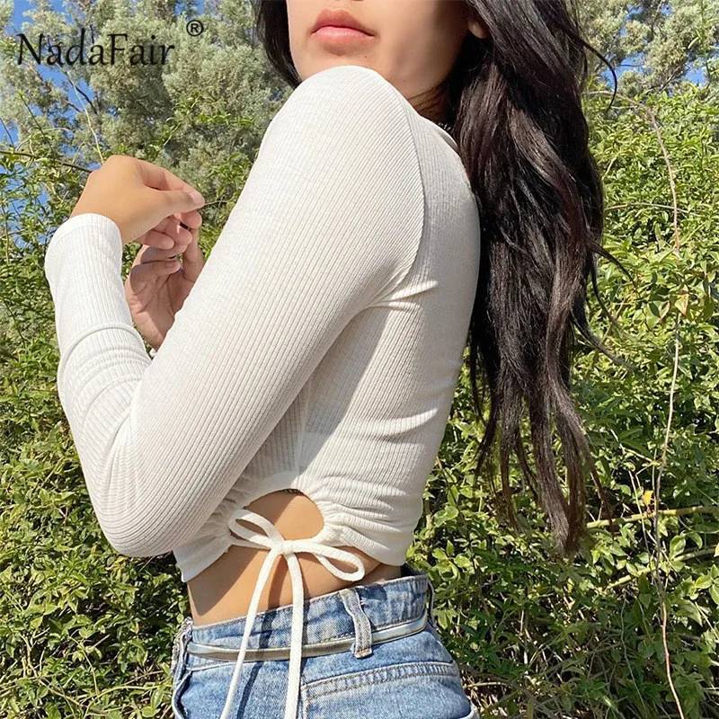 Женский укороченный топ Nadafair однотонная Базовая футболка с длинными рукавами и