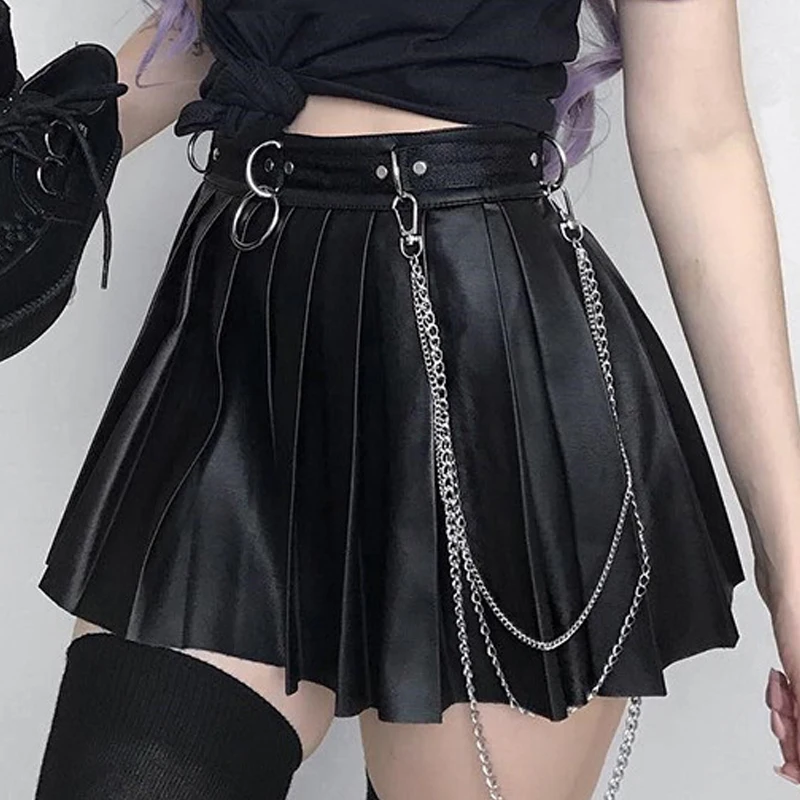 

Goth Dark Grunge Punk Summer Gothic Skirts For Women Streetwear Zippper Rivet Pleated Metal Ring Skirt PU Sexy Hollow Out Casual