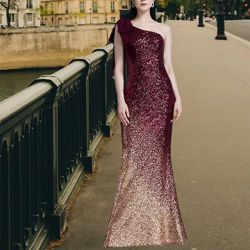 

Роскошное облегающее вечернее платье с блестками и градиентом, вечернее платье на одно плечо с бантом и лентой, элегантное женское Клубное ...