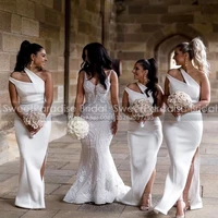 white double one shoulder bridesmaid dresses with side split mermaid women long wedding party dress formal