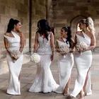 Белое платье подружки невесты на одно плечо с разрезом сбоку, женское длинное свадебное вечернее платье