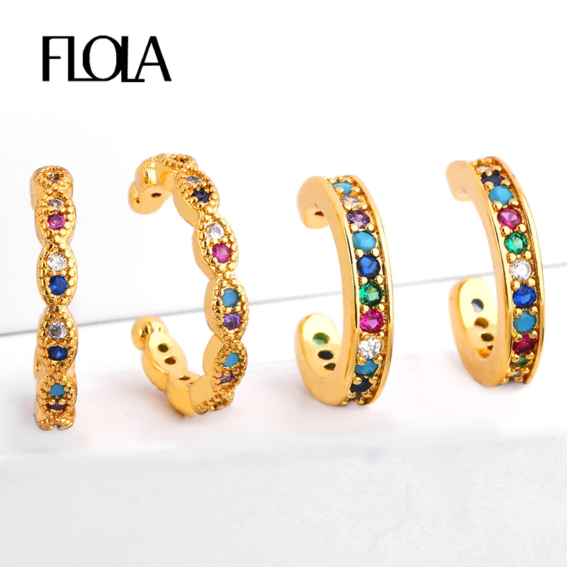 Flola CZ радужные серьги манжеты для проколотых ушей золотые бриллиантовые каффы