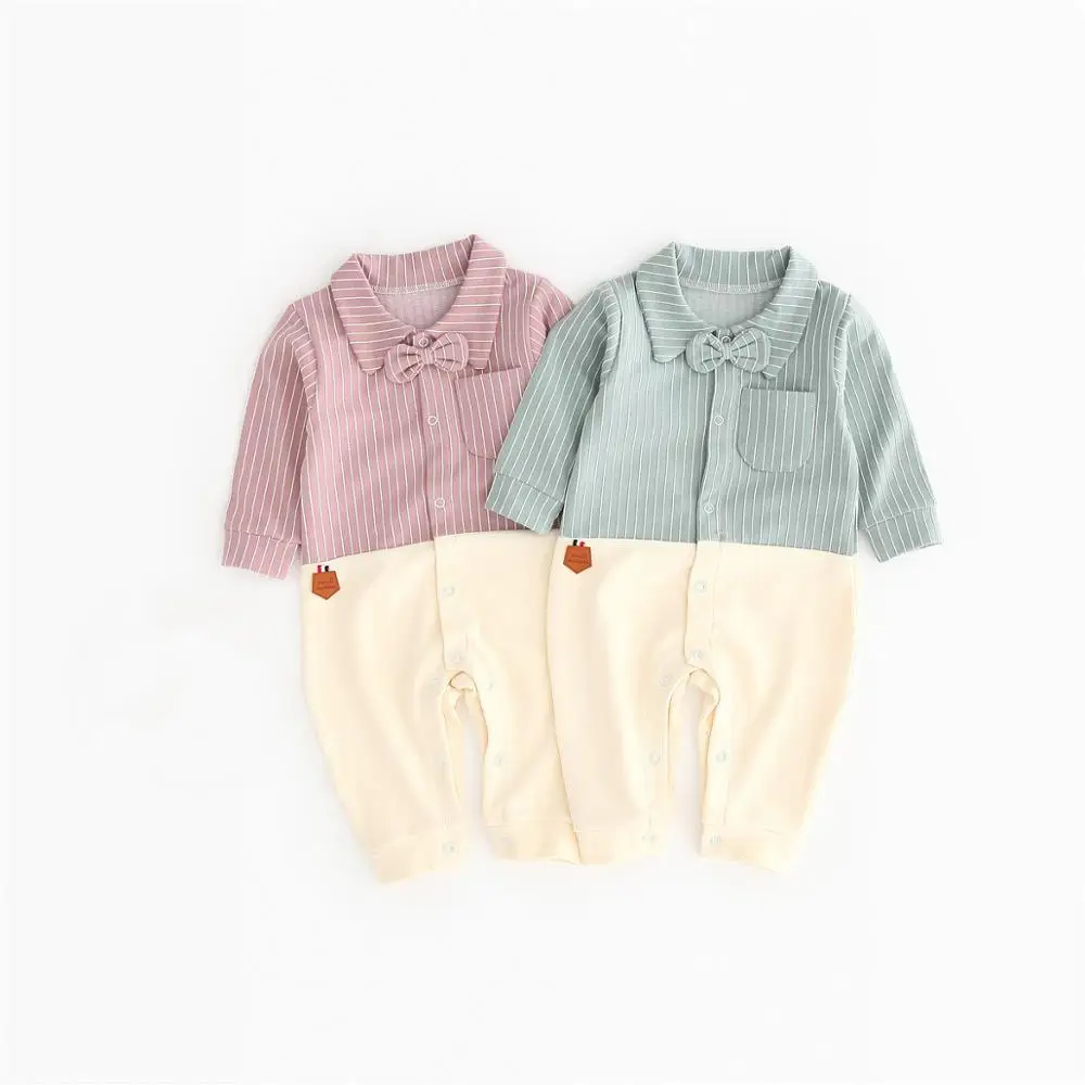 

0-12M Boys Rompers Gentleman Suits Long Sleeve Autumn Winter Front Open Chest Pocket One Piece Jumpsuit Striped Onesies Playsuit
