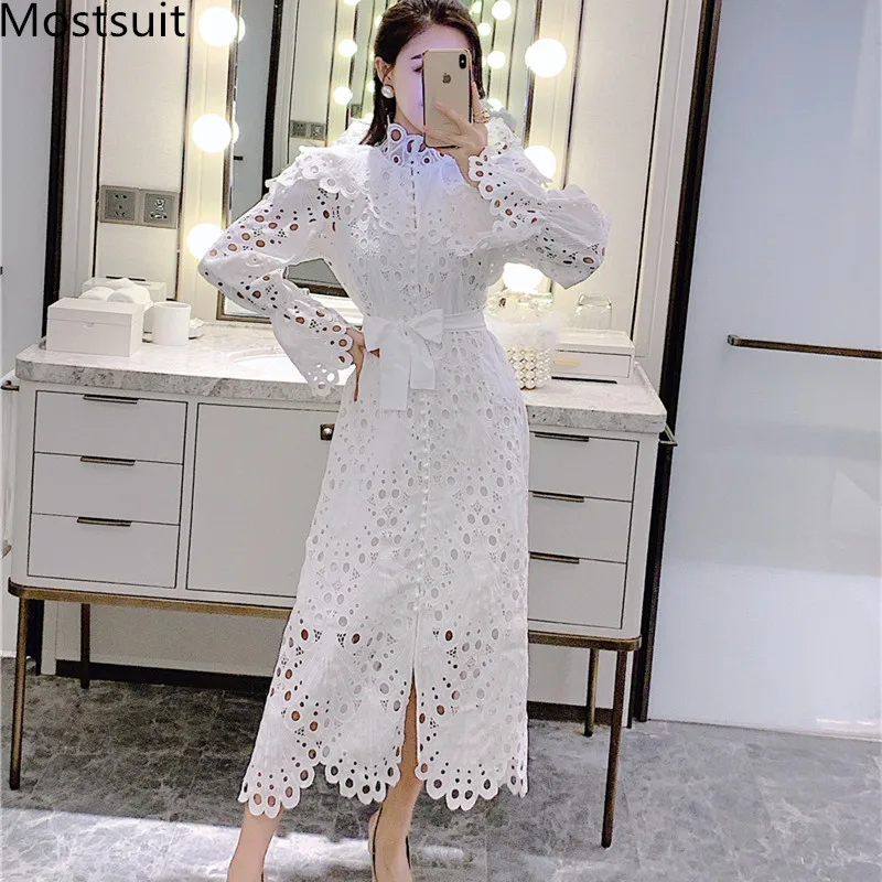 Женское кружевное ажурное платье белое Элегантное Длинное Платье с расклешенным