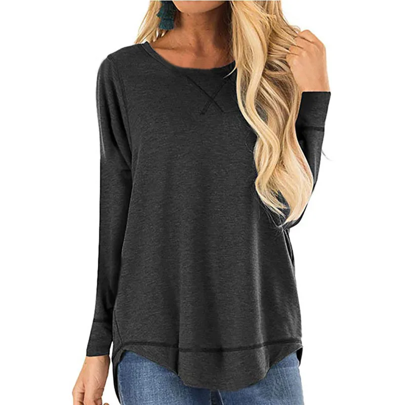 

Women's Long Sleeve Shirts Round Collar Solid Color Front Short Back Long Tuxedo Autumn & Spring Casual Loose 2020 Ladies Tops