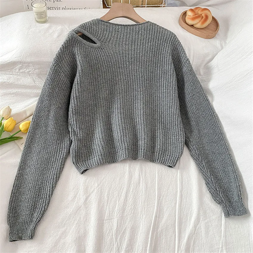 Свитер женский вязаный Осень-зима с вырезами на плечах | Женская одежда