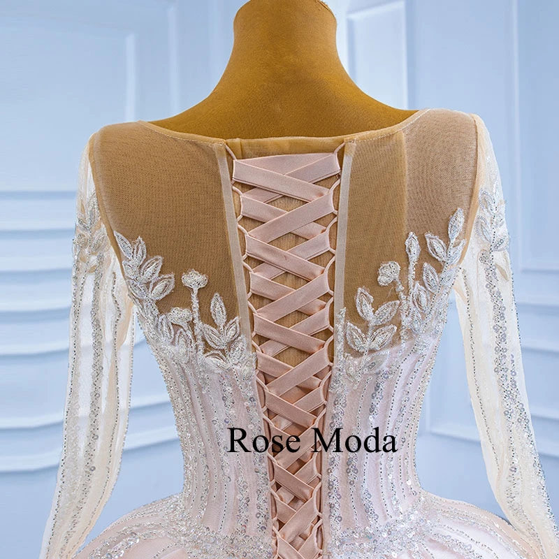

Rose Moda Luxury Heavily Beaded Long Sleeves Pink Wedding Dress Lace Up Back Princess Ball Gown