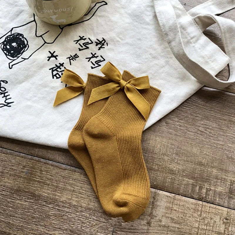 Yellow Хлопковые детские носки для девочек, одноцветные носки с милым бантом для маленьких девочек, Повседневные детские носки принцессы, детские носки, одежда - Цвет: Yellow