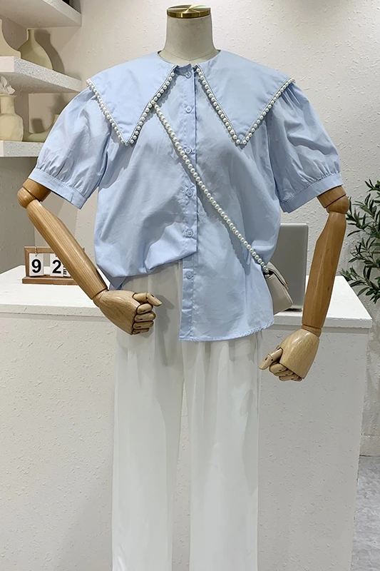 

Women's Button Up Shirt 2021 Summer Korean Style Beaded Peter Pan Collar Short Sleeve Blouses Lady Slimming Casual Shirt Top