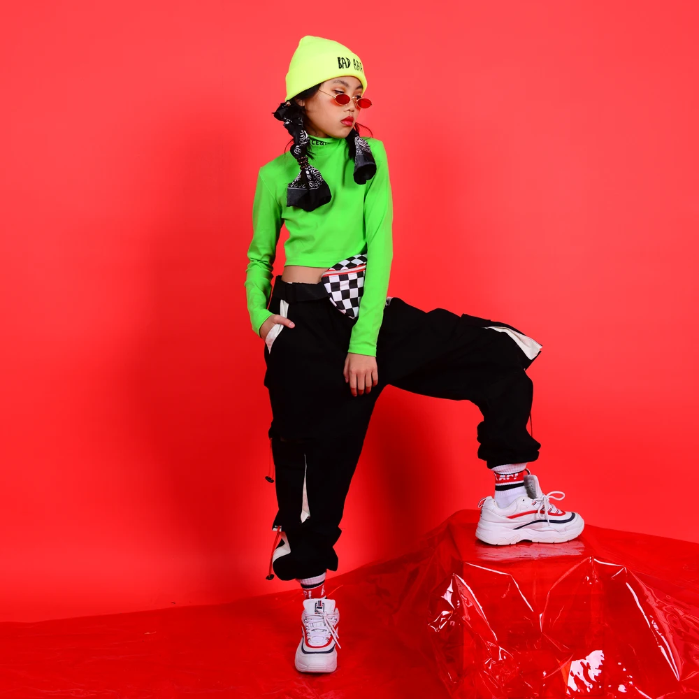 Танцевальные костюмы в стиле хип хоп для девочек розовые и зеленые топы штаны