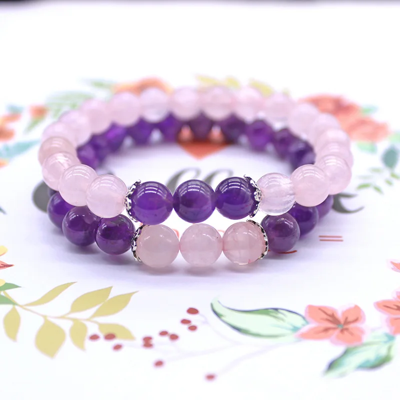 8mm Natural Stone Pink Crystal Quartz Bracelet Purple Amethysts Beads Lotus Strand Buddha for Women Girl Love Gifts | Украшения и