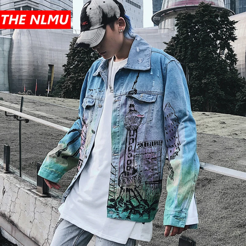 

Vintage Denim Jacket Men Graffiti Hole Hip Hop Jeans Jackets Streetwear Fashion 2019 Creative Printing Denim Coats WG496
