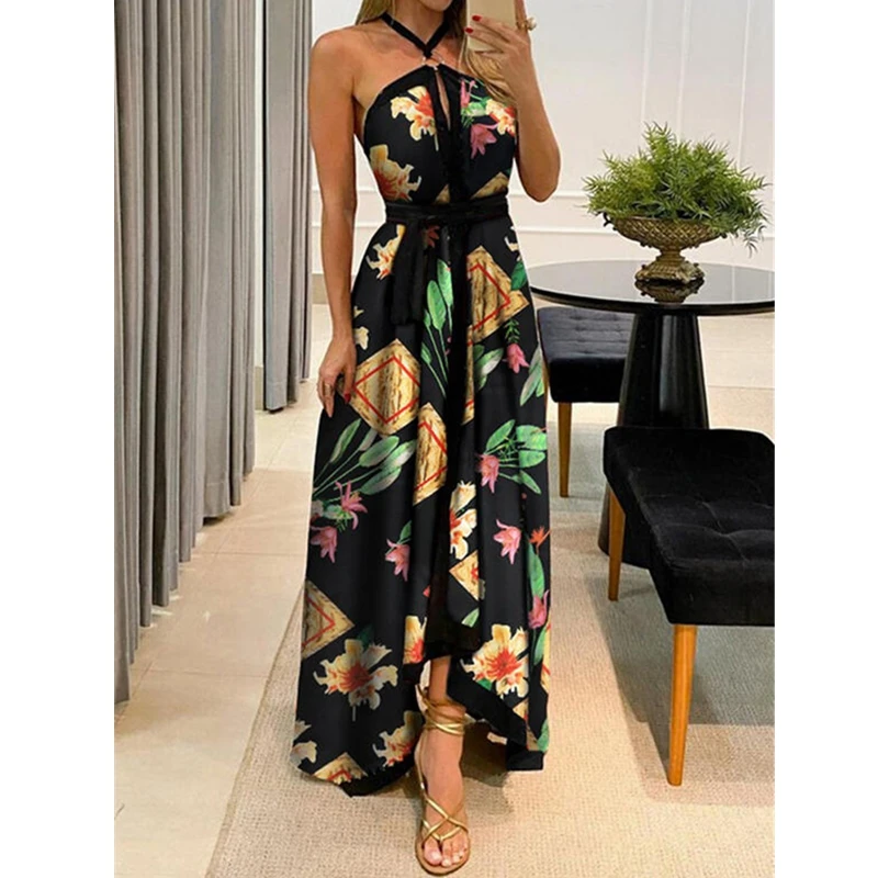 

Lugentolo Sexy Dress Women Summer Fashion Spaghetti Strap Strapless A-LINE High Waist Printed Long Dress