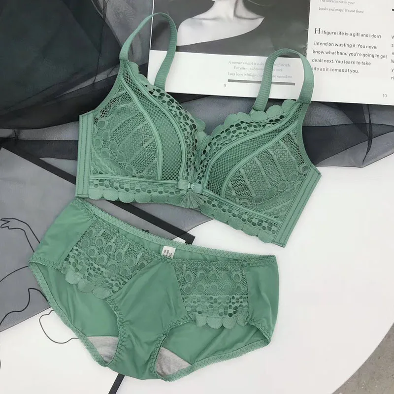 Женское Бесшовное нижнее белье бюстгальтер с кружевным бантиком и трусики чашка