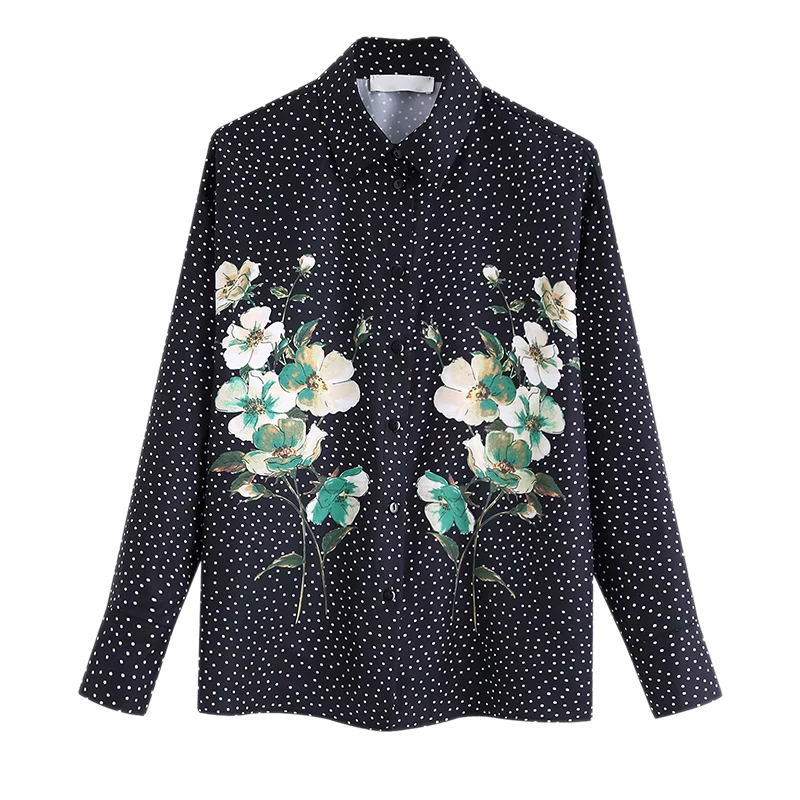 Женская белая блузка в горошек с цветочным принтом рубашка длинным рукавом и