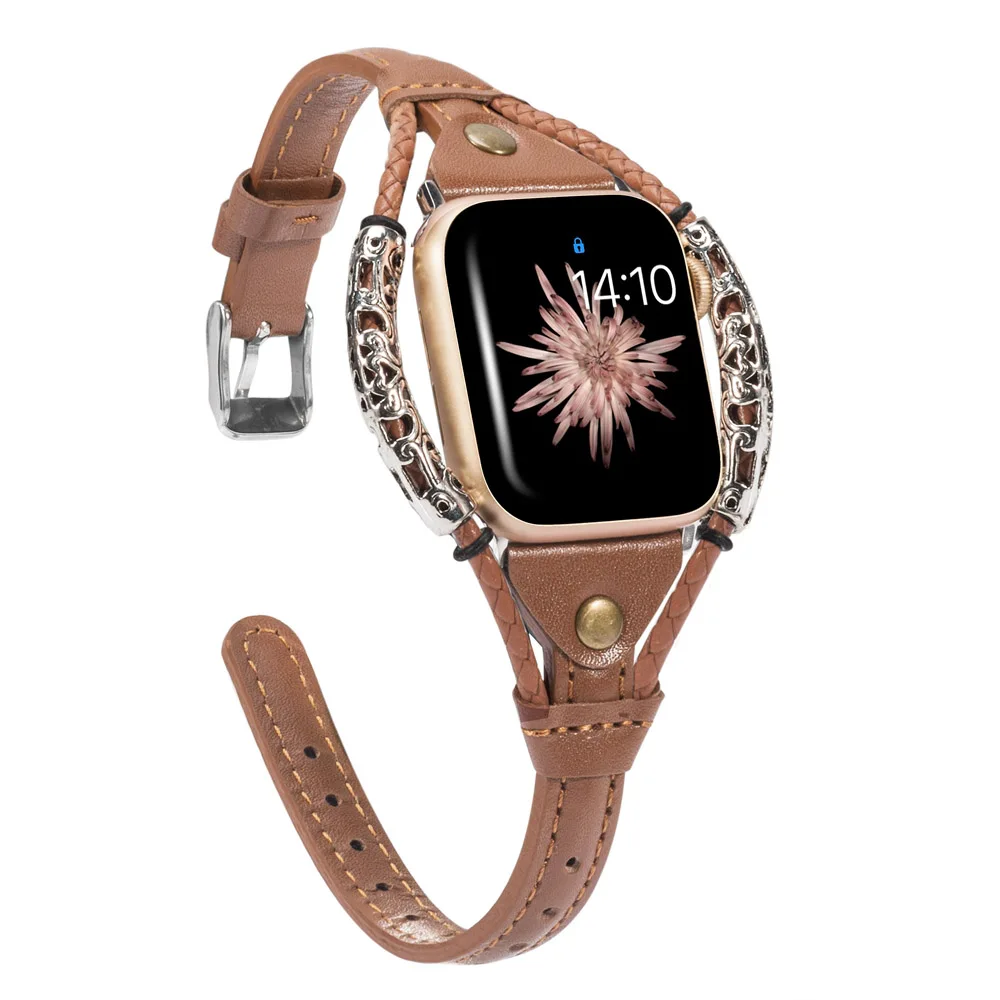 Коричневый Винтажный кожаный ремешок для Apple Watch Band женский твист полоса ремешок заклепки с металлической веревкой браслет нарядный стильный iwatch серия - Цвет ремешка: Коричневый