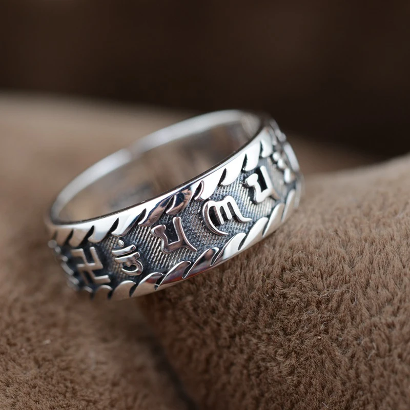 Om мани падме ГУМ кольцо мантра винтажный Тибетский тип 100% Настоящее чистое 925 пробы серебряные ювелирные