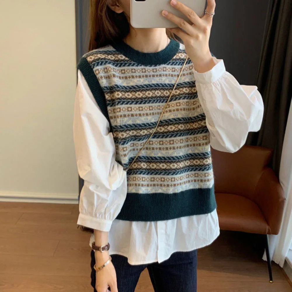 

Knitted Shirt 2022 Spring Female Straight Shirt Stitching Fake Two Pieces Retro Loose Wool Sweater Fashionable Long-sleeve Tops
