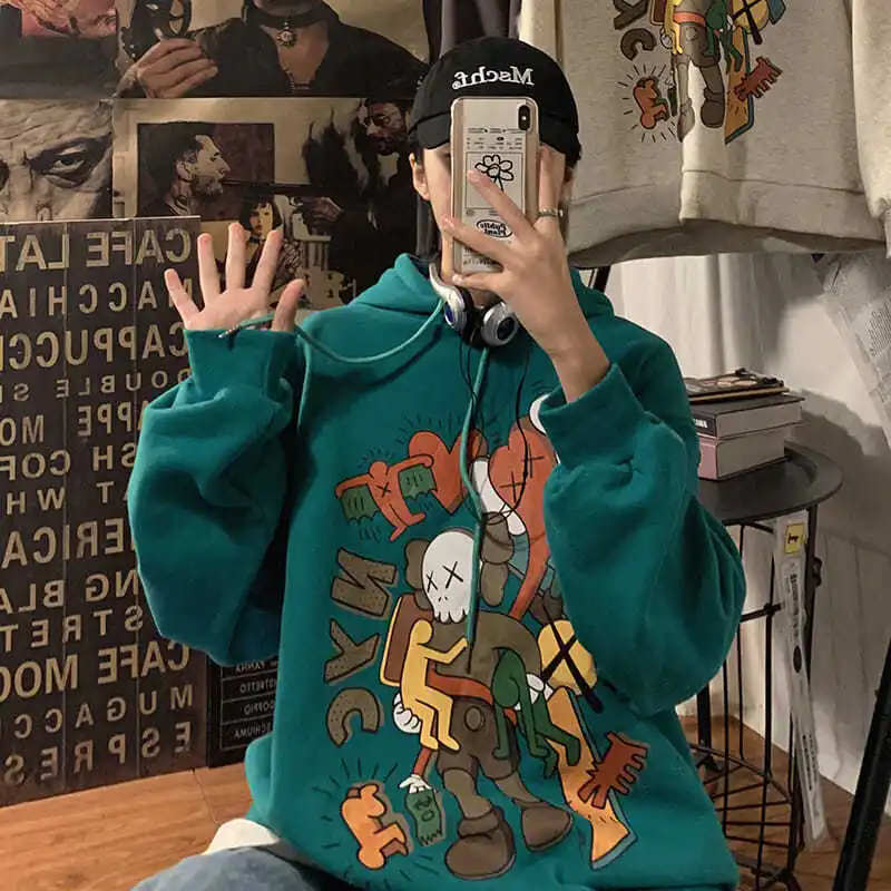 Осенняя свободная плюшевая толстовка мужская мода Улица Сезам Студенческая