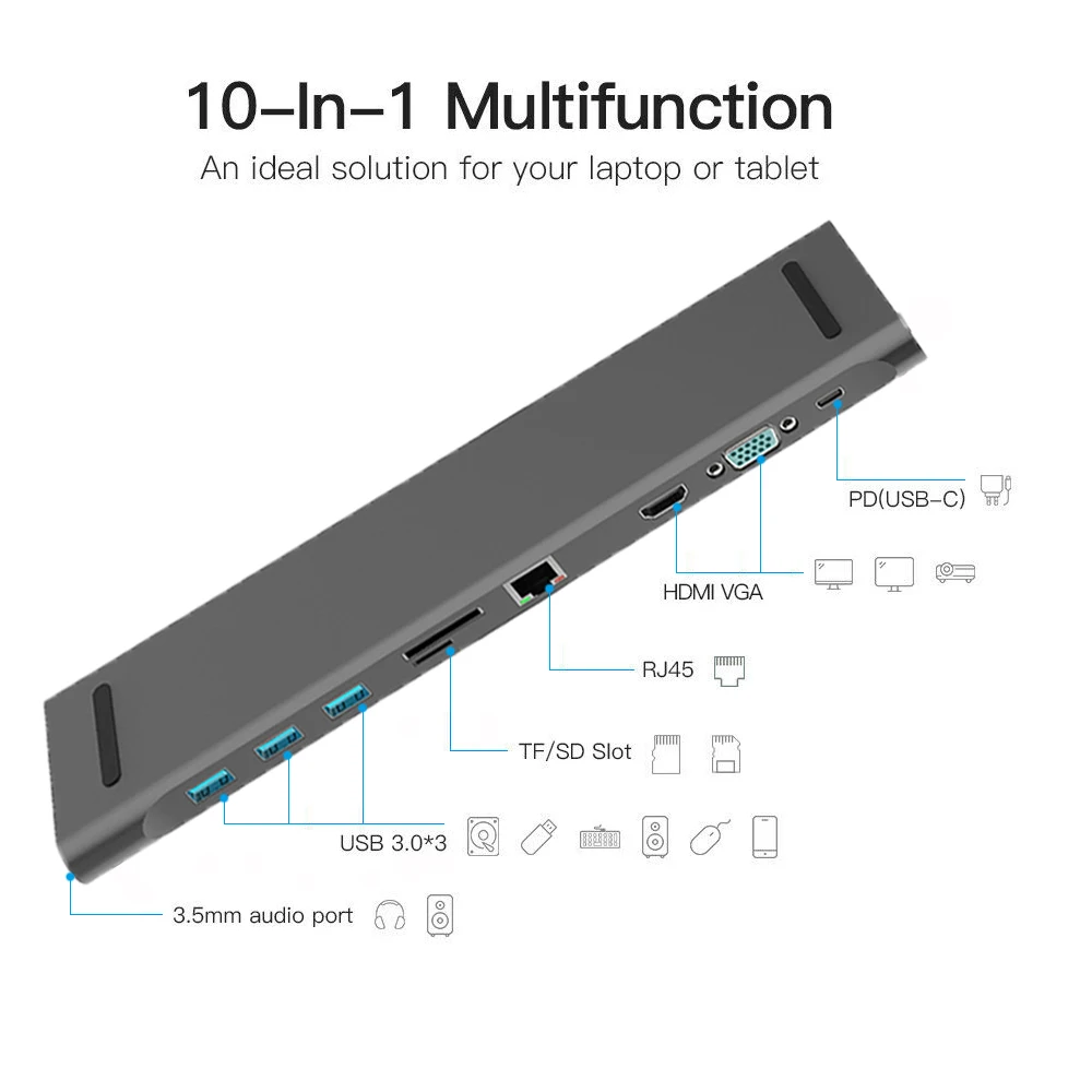 10 в 1 концентратор 4K usb type-C к USB 3,0 TF HDMI VGA RJ45 Мини DP док-станция для Macbook для huawei samsung Xiaomi