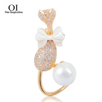 oi cute animal brooches cat simulated pearl copper zircon for women girls coat banquet holiday jewelry pins accessories