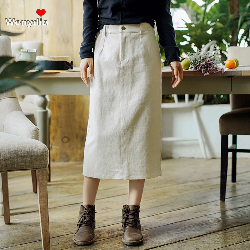 

Женская джинсовая юбка-карандаш, бежевая эластичная трапециевидная юбка с карманами, Осень-зима 2021