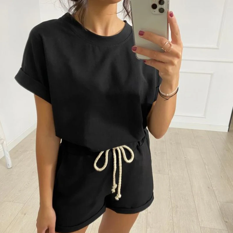 

Solid Summer Women's Suit Two Pieces Tracksuit Short Sleeve Sports Suits Women 2021 Casual Tracksuits Elastic Waist Lady Set