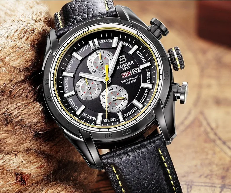 44 мм швейцарские спортивные часы с хронографом для плавания водонепроницаемые военные кварцевые наручные часы Бингер мужские часы relogio masculino