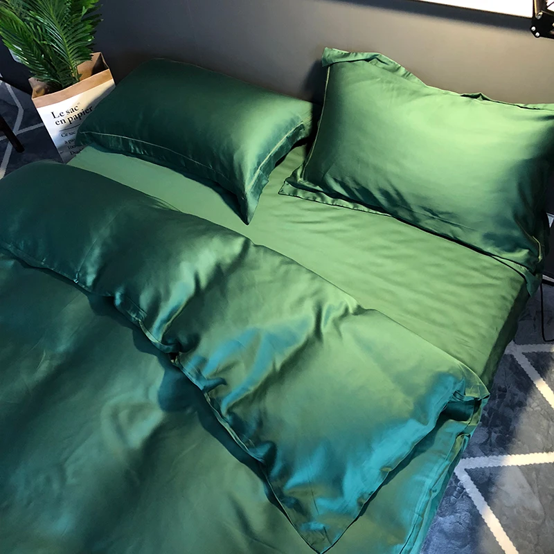 

Luxury Fashion Bedding Set Silk Satin Solid Color Green Bedding Set Simple Printed Ropa De Cama Household Products DI50CT