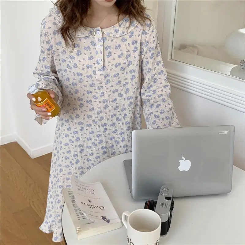 QWEEK Cotton Sleepwear Women Chinese Style Nightie Floral Print Long Nightgrown Autumn White Fairy Dress Nightwear Dressing Gown