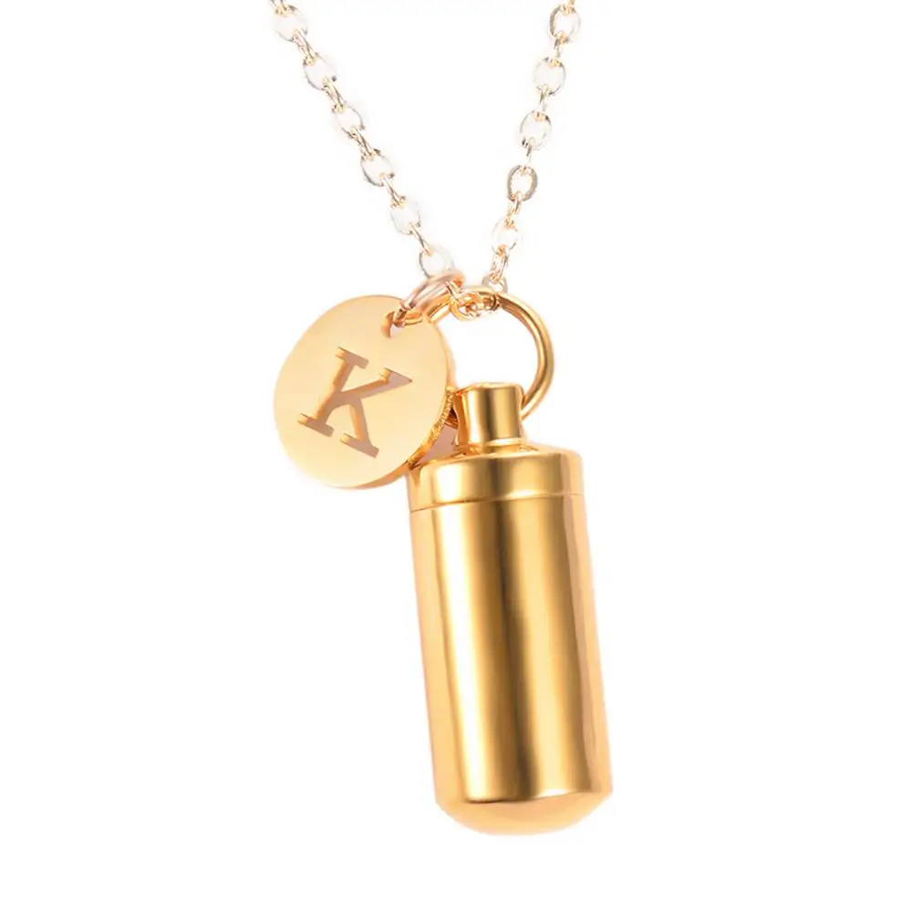 Stainless Steel Cremation Urn Ashes Cylinder Vial Pendant Necklace  Letter Initial Charm Memorial Jewelry