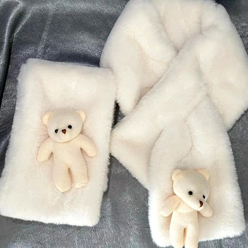 

Scarf Cute Cartoon Bear Animal Plush Warm Scarf Autumn Winter Thickening Children Adult Girls Wild Fur Cross White Scarf