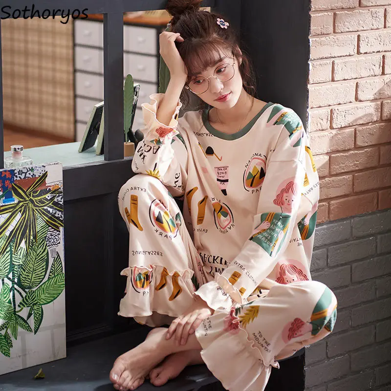 

Pajama Sets Women Long Sleeve Print Full Length Autumn Thin Round Neck Korean Style Casual Loose Female Sleepwear Suits Soft New