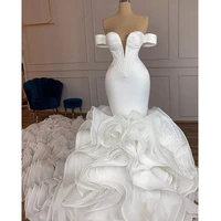 elegant off the shoulder mermaid wedding dresses 2021 with ruffles bottom long train african women bride bridal gowns plus size