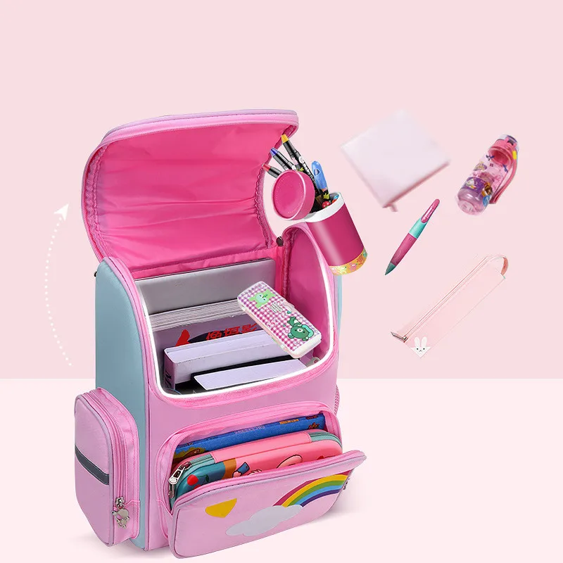 Fengdong cute 3D cartoon school backpack set elementary school bags for girls rainbow love heart children pen pencil handbag set