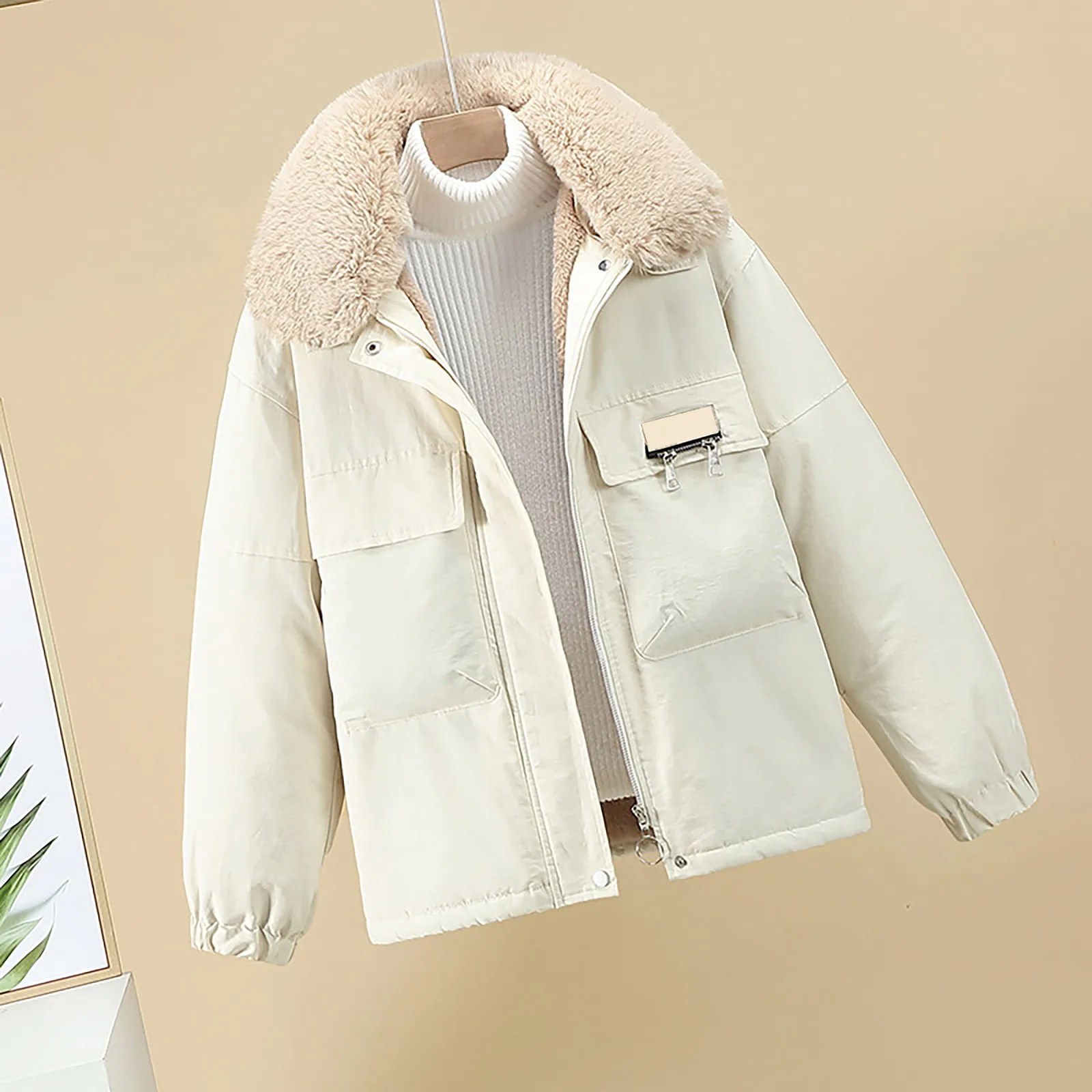 

New Korean Fashion Doan Jackets Puffer Coat For Women Faux Fur Turn-Down Long Sleeve Jackets Parkas With Pockets manteau femme