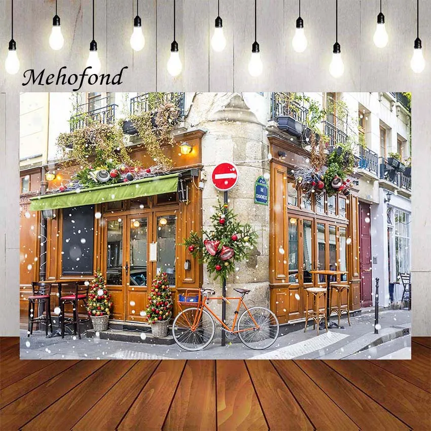 

Mehofond Winter Snowy Street Scenery Photography Background Christmas Coffee Shop Snowflakes Bike Portrait Backdrop Photo Studio