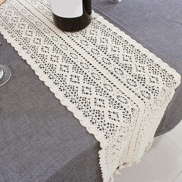 

Macrame Table Runner,Cotton Crochet Vintage Table Runner with Tassels,for Wedding Dining Table,Bohemians Style(24X160cm)