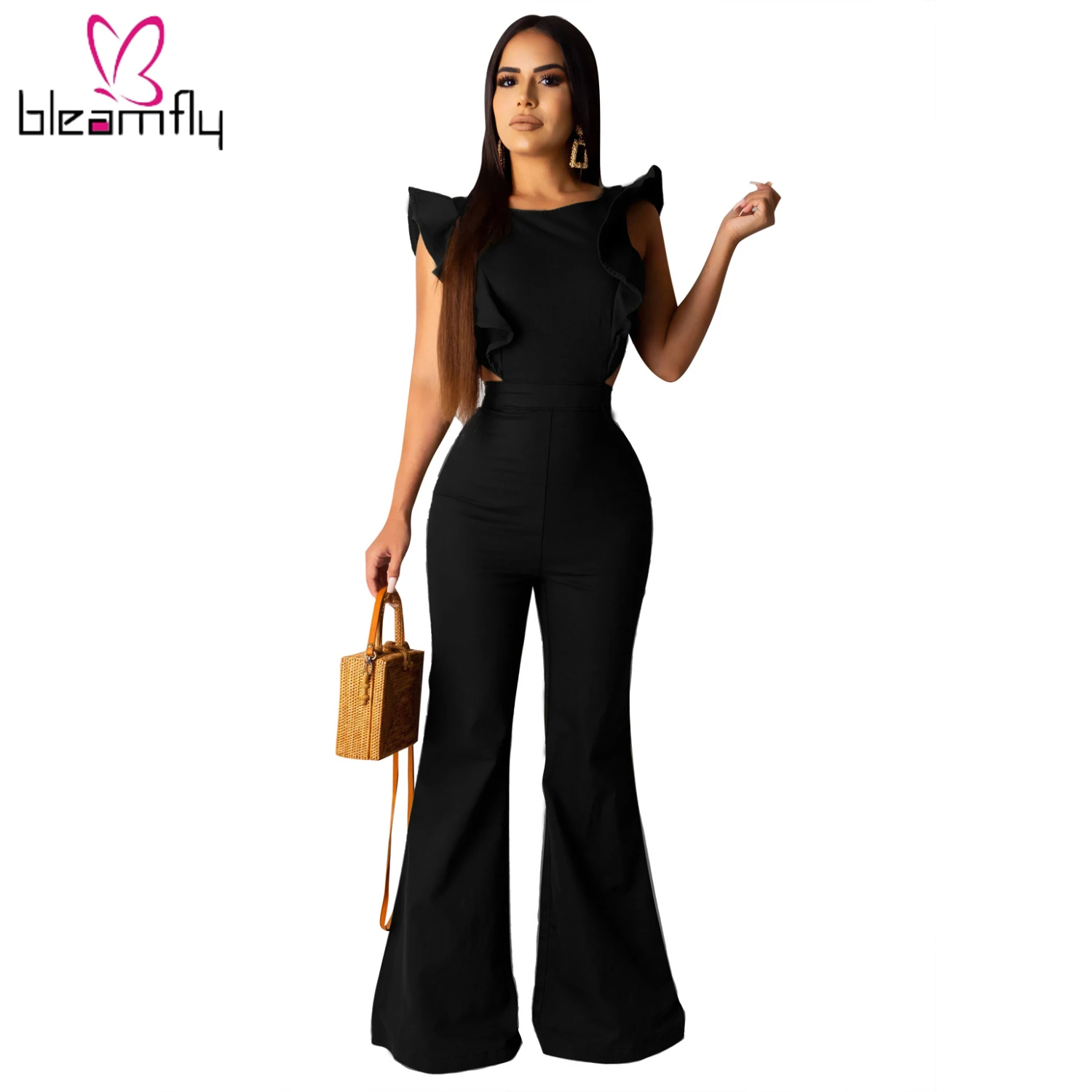 2019 Женский Летний комбинезон без рукавов с оборками широкими штанинами открытой