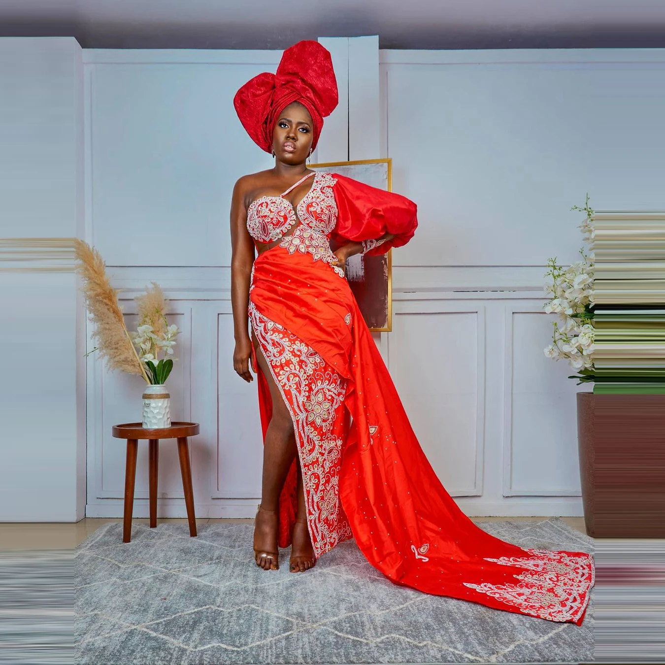 

2021 One Shoulder Aso Ebi Evening Dresses Red Lace Side Split With Train Satin Plus Size Women Prom Party Gowns