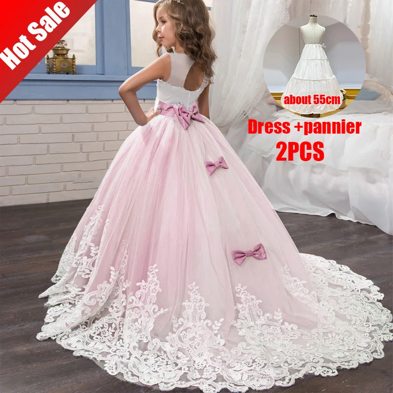 

2021 Girls Christmas Dress Pink White Bridesmaid Kids Clothes Children Long Princess Dress Party Wedding Dress 14 10 12 Years