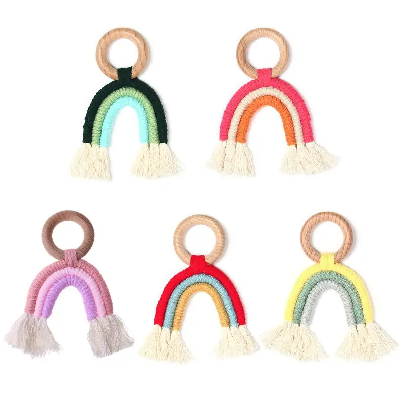 

Baby Teething Wooden Ring Rainbow Tassel Macrame Cotton Boho Newborn Nursing Teether Toy Shower Gift