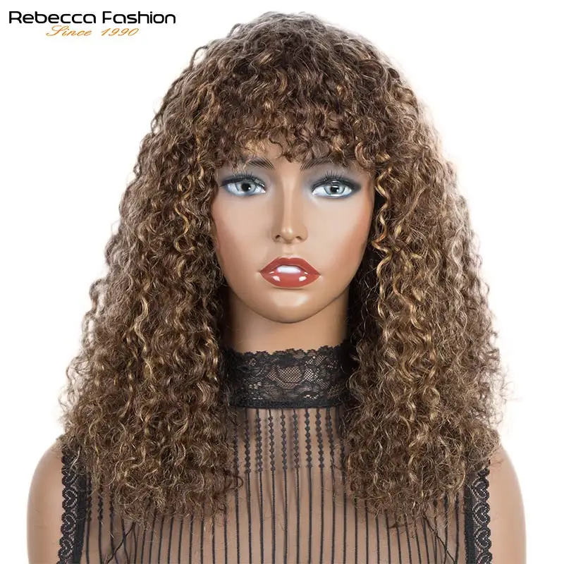 Rebecca Curly Human Hair Wigs For Black Women Brazilian Remy Hair Full Machine Wig With Bangs Pre Plucked Blonde Natural Black