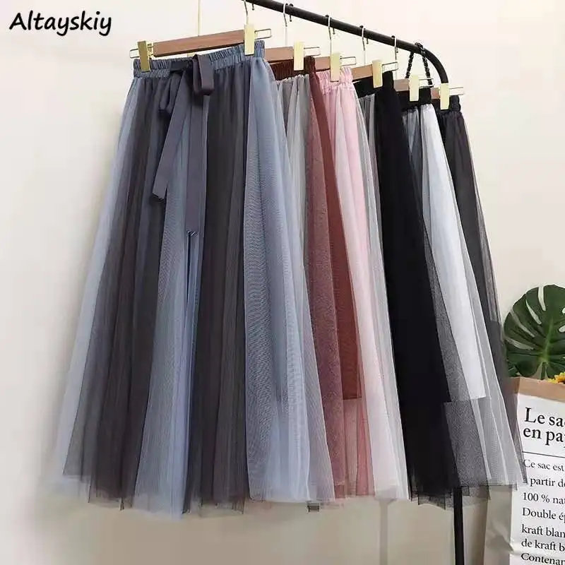 

Skirts Women Loose Bow Design Chic A-Line Leisure Newest Mesh Patchwork Mid-Calf All-match Ulzzang Summer College Ladies Elegant