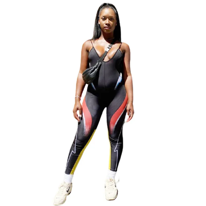 

92K20Q10893 Summer fashion women's fashion print sexy suspender low cut open back hip lifting sports Jumpsuit