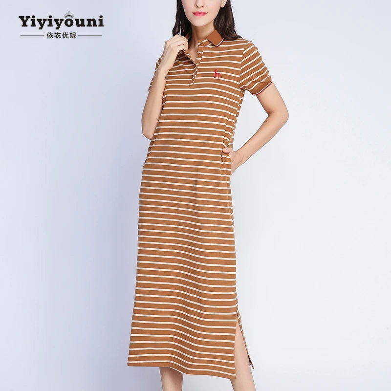 Длинное платье-рубашка женское платье в полоску с воротником поло и карманами