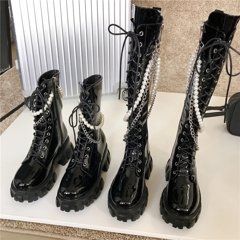 

2021 Autumn New Products Boots Women Fashion Patent Leather Metal Chain Beaded Thick-Soled Women Boots Long Boots for Ladies