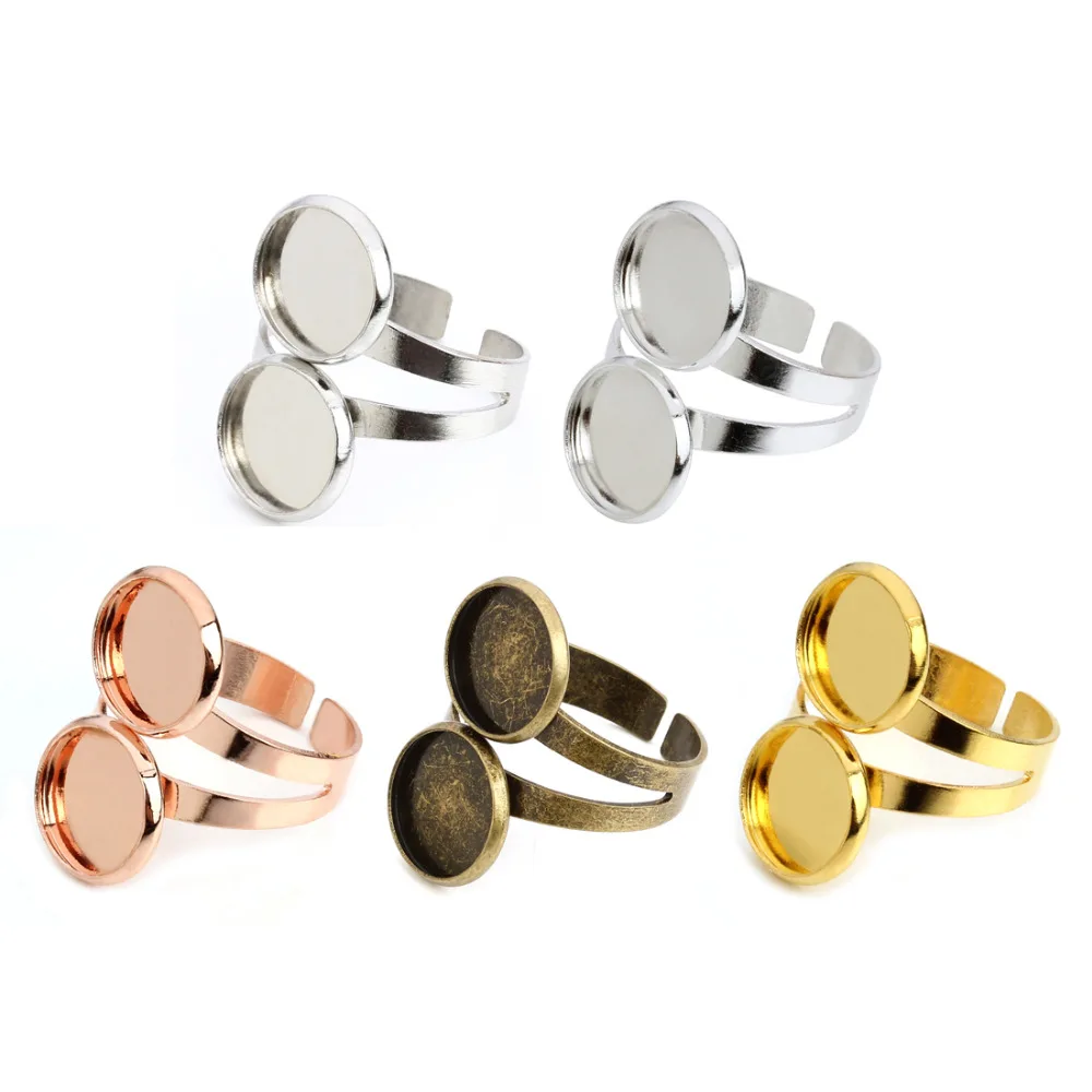 

10pcs Fit 10 12mm Glass Cabochon Double Blank Settings Adjustable Open Ring Cabochon Base Trays Bezel DIY Findings